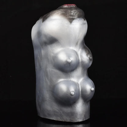 Realistic female torso masturbator with detailed breasts and smooth, lifelike skin texture in metallic gray