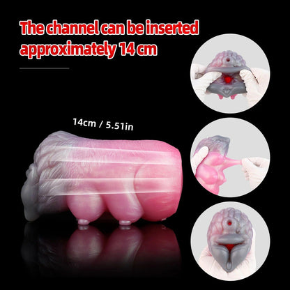 Realistic pink and gray silicone male masturbator with 14cm insertable channel, textured interior, and stretchable material