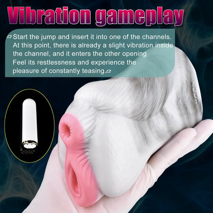 Realistic dual-channel male masturbator with pink vaginal opening and white textured body, held in gloved hand