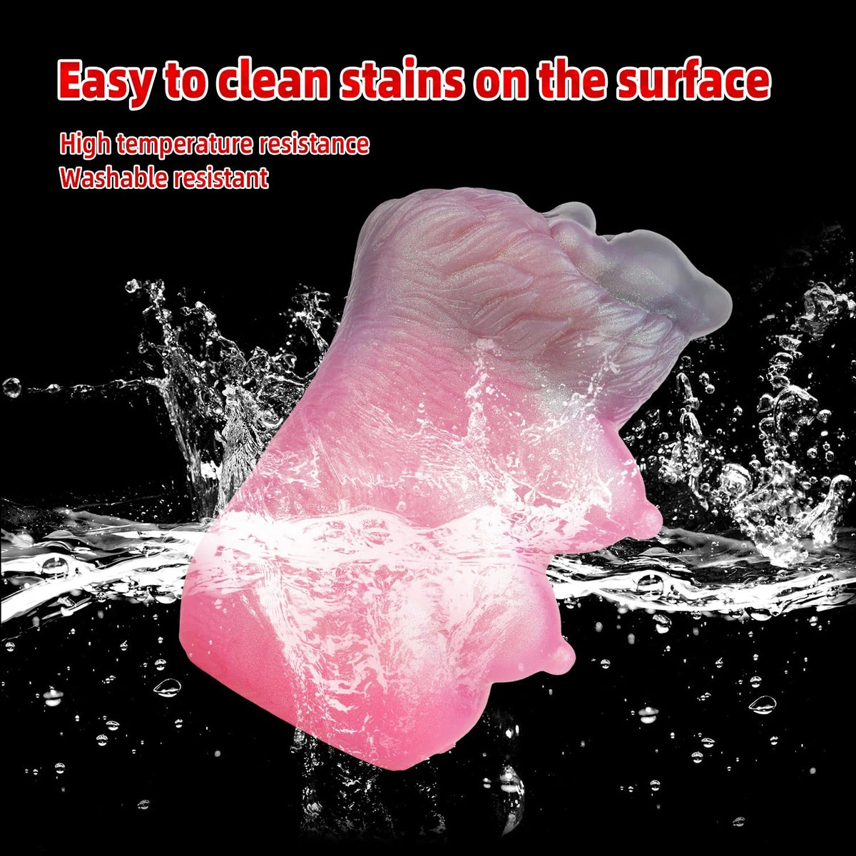 Pink realistic male masturbator with textured surface, shown in water splash, highlighting easy cleaning and heat resistance