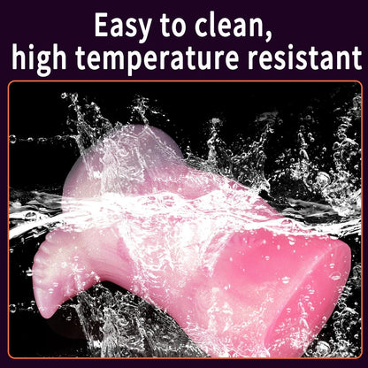 Pink silicone male masturbator splashing in water, easy to clean and heat resistant