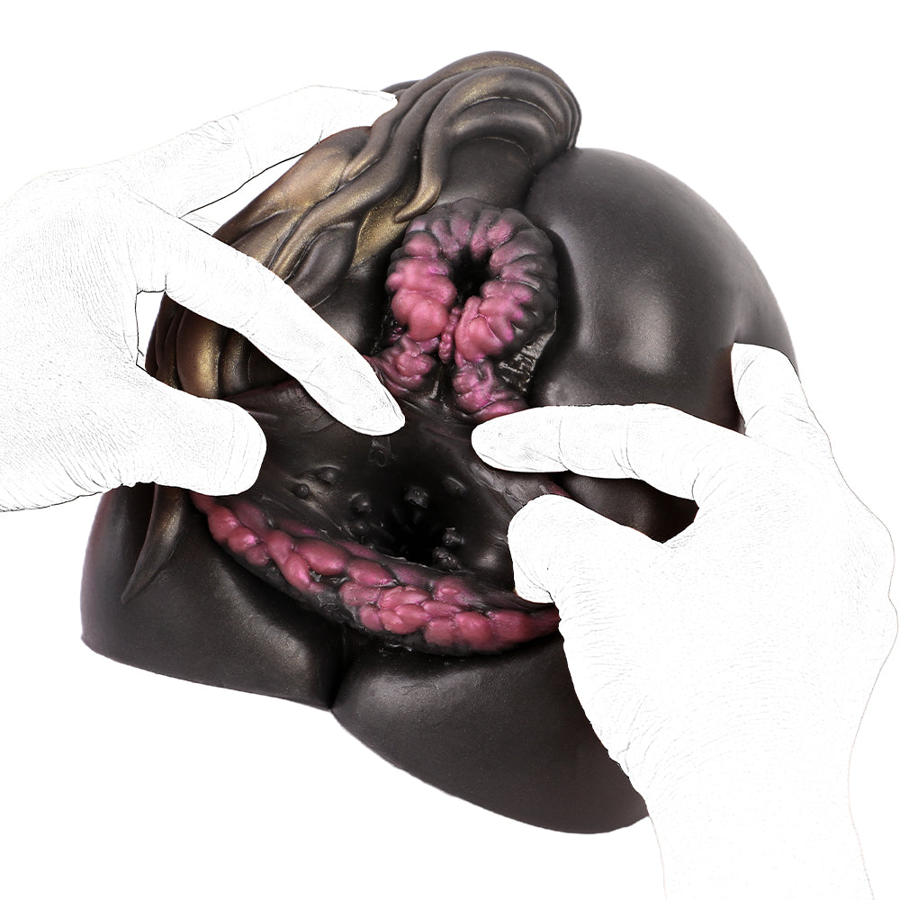 Realistic male masturbator with detailed pink inner texture and dark exterior, held by gloved hands
