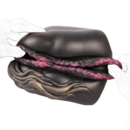Realistic male masturbator with dark exterior, pink inner texture, and wavy gold detailing for enhanced sensation.