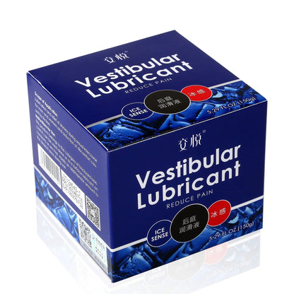 Blue box of Vestibular Lubricant with ice sense formula, 5.29 fl oz, reduces friction for comfort