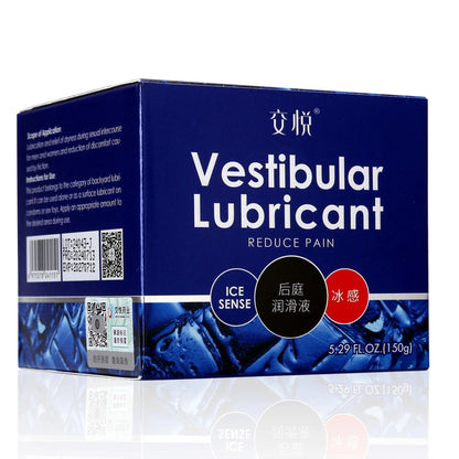 Blue box of Vestibular Lubricant with ice sense cooling effect, 5.29 fl oz, reduces discomfort during use