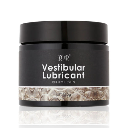 Black jar of Vestibular Lubricant with 150g net weight, labeled to relieve discomfort, featuring textured design.